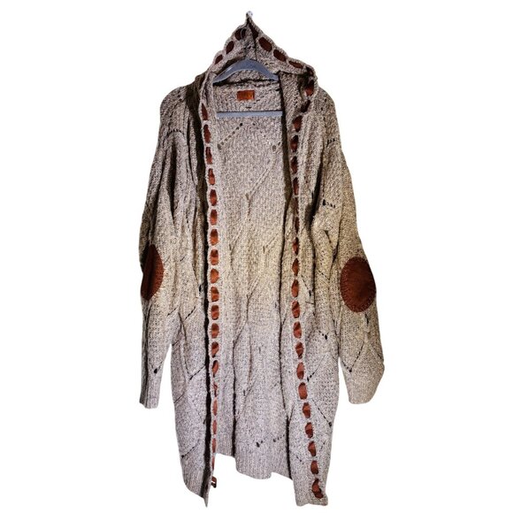 Pol M Cozy Cable Knit Hooded Long Cardigan Duster With Elbow Patches - Picture 9 of 10